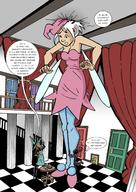 drawing growth giantess white_hair wings long_hair clothed cleavage red_hair dress short_hair hugging indoors outgrowing_space dialogue cramped witch_hat
