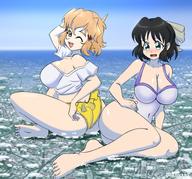 drawing giantess blushing giga city blonde black_hair color large_breasts barefoot cleavage green_eyes brown_eyes sitting giantesses commission dakunart hibiki_tachibana miku_kohinata senki_zesshou_symphogear soulfirefox70