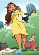 drawing long_hair brunette underwear embarrassed surprised camera shrunken_man looking_down dark_skin running_away microphone reporter bare_legs covering_up thespunkbug