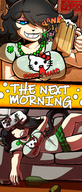 drawing gentle comic black_hair color blue_eyes lying_down shrunken_woman shrunken_man drinking cat_girl party june alcohol mspaintgts hangover