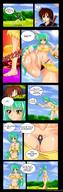 drawing giantess comic large_breasts long_hair sword green_hair ponytail walking pinned outdoors raised_foot panels cramous between_breasts