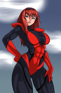 breasts drawing giantess color large_breasts long_hair blue_eyes gloves red_hair muscles costume point_of_view giant_girl headband hands_on_hips superheroine mary_jane spider-man marvel_comics earth_20052 ci0