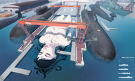 drawing giantess nude black_hair color long_hair lying_down closed_eyes ships dock submarines matteo_de_longis