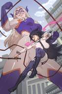 drawing giantess city blonde black_hair color high_heels buildings superhero low_angle smiling mask whip my_hero_academia skintight_clothing midnight mt._lady luigi_teruel luigiteruelart