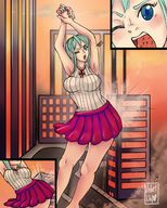 drawing giantess vore large_breasts long_hair destruction clothed skirt helicopter angry green_hair open_mouth outdoors hip_check one_eye_closed mass_vore velvet-lily