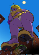 drawing giantess city alien high_heels looking_down outdoors curly_hair voluptuous vehicle_crush purple_skin sharp_teeth looking_at_tiny antennae alternate_dimensions
