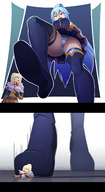 drawing upskirt blonde color long_hair butt armor blue_eyes clothed skirt high_heels anime blue_hair low_angle ponytail foot_crush looming shrunken_woman looking_down cruel thighs shoe_crush under_foot under_shoe panels striped_panties imminent_crush no_background looking_at_tiny ravenravenraven konosuba aqua_(konosuba) darkness_(konosuba)