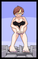 bikini drawing giantess city color large_breasts destruction barefoot cleavage brunette purple_eyes looking_down jj-psychotic purple_nails
