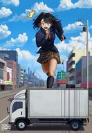drawing giantess city black_hair color skirt green_eyes uniform running truck carlo_montie