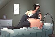 drawing cleavage bed huge_breasts smiling ponytail mini_giantess sitting looking_down pinned indoors hoop_earrings caiman2