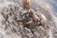 drawing giantess city blonde color large_breasts long_hair destruction skimpy_clothing paulobarrios