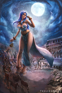 drawing giantess color large_breasts long_hair destruction clothed cleavage blue_hair moon night outdoors dropped colosseum paulobarrios rulue puyo_puyo