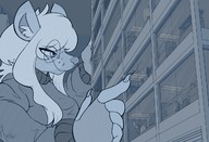 drawing giantess furry anthro monochrome destruction clothed buildings glasses hyena smiling scared office glass sweater poking broken_glass dahlular