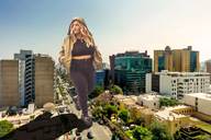 drawing giantess collage blonde large_breasts long_hair clothed bbw walking outdoors tekitocreations