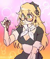 drawing blushing blonde long_hair clothed cleavage glasses smiling shrunken_man between_fingers earrings hairband no_background scarf pinched hollewdz