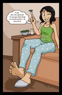 drawing black_hair color long_hair toes barefoot soles smiling sitting shrunken_man eating dark_skin indoors raised_foot dialogue jj-psychotic winking nesi_kher