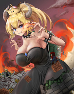 drawing giantess horns blonde color destruction blue_eyes clothed cleavage mario huge_breasts castle dress fire video_game outdoors super_mario_bros earrings looking_at_tiny tomoshib bowsette super_crown