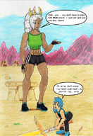 drawing giantess white_hair dragon long_hair sword gloves ponytail mini_giantess muscles amazon dark_skin dialogue rayray