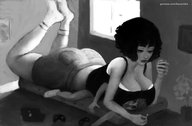 drawing monochrome black_hair cleavage bed huge_breasts lying_down short_hair mini_giantess pinned indoors curly_hair big_butt kazarinka