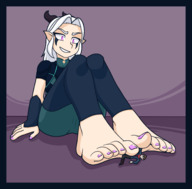drawing white_hair horns color long_hair clothed toes barefoot purple_eyes smiling sitting looking_down pinned under_foot jj-psychotic looking_at_tiny rayla the_dragon_prince