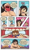 breasts drawing giantess vore mega comic black_hair color large_breasts long_hair tongue cleavage smiling open_mouth strip panels toothpick