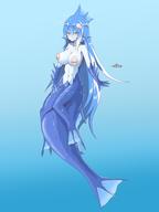 drawing giantess tail color large_breasts long_hair blue_hair mermaid yellow_eyes underwater submarine outdoors looking_at_viewer source_needed fins niwaki_potato