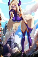 breasts drawing horns city blonde color large_breasts long_hair destruction smiling bending_over mask smoke costume bryan_lobdell my_hero_academia mt._lady