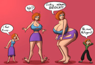 breasts drawing growth giantess color blue_eyes barefoot cleavage skirt green_eyes huge_breasts breast_expansion red_hair short_hair kim_possible milf disney ripped_clothing ann_possible no_background outgrowing_clothes caiman2