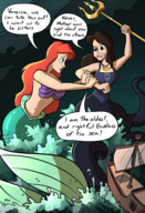 bikini drawing giantess mega black_hair color long_hair blue_eyes ocean mermaid red_hair navel storm giantesses tentacles disney ships ariel the_little_mermaid vanessa seashell_bra trident bare_midriff caiman2