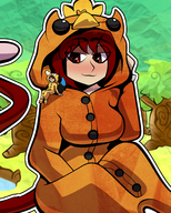 drawing gentle blushing tail color large_breasts clothed brown_eyes red_hair sitting shrunken_man forest cat_girl outdoors on_shoulder mspaintgts triston torchic psyduck onesie