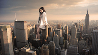 breasts giantess collage city mega long_hair bra buildings brunette shorts leaning_against_building new_york_city empire_state_building emilia_clarke chrysler_building bare_midriff