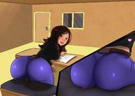 drawing blushing long_hair butt_crush brunette smiling sitting shrunken_man pinned indoors cutaway