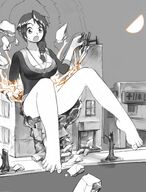 drawing giantess monochrome long_hair destruction barefoot ponytail sitting surprised looking_down duckbanks