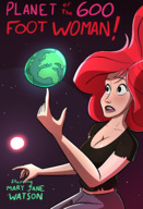breasts drawing giantess earth giga space color large_breasts long_hair planet cleavage finger goddess red_hair sun shorts parody poster freckles top ripped_clothing stars attack_of_the_50_foot_woman cosmic_giantess mary_jane spider-man marvel_comics bare_midriff caiman2 earth_20052
