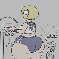 drawing blonde large_breasts short_hair mini_giantess basketball looking_back big_butt thick_thighs no_background sweat_drop vendoingo