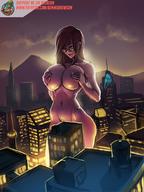 drawing giantess nude city color long_hair buildings glasses huge_breasts brunette looking_down outdoors cupping_breasts benjaminwiddowson