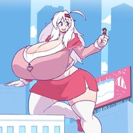 drawing gentle giantess white_hair city color long_hair clothed handheld cleavage buildings huge_breasts outdoors ahoge thick_thighs hair_clip knj_ex