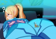 drawing blonde color butt blue_eyes samus_aran ponytail lying_down zero_suit shrunken_man looking_back bouncing on_butt zero_suit_samus pikmin skintight_clothing looking_at_tinies captain_olimar cassafemarts