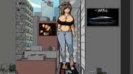 drawing giantess city long_hair barefoot cleavage buildings helicopter huge_breasts brunette smiling walking outdoors between_breasts