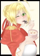 drawing vore blushing blonde saliva smiling short_hair looking_down chopsticks one_eye_closed a-i-k_art
