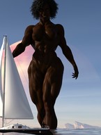 giantess nude black_hair smiling short_hair muscles walking outdoors ships digital_render vardyger