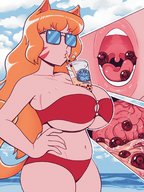 bikini drawing vore long_hair huge_breasts red_hair drink shrunken_people sunglasses drinking cutaway between_breasts spittyart boba_tea