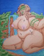 drawing giantess nude color long_hair butt huge_breasts brunette smiling cleaning hanging_on thick_thighs j-moto