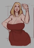 drawing blushing blonde long_hair cleavage huge_breasts smiling looking_down thick_thighs no_background test_tube rhiaryoko
