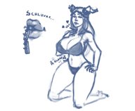 drawing vore horns monochrome long_hair huge_breasts train kneeling no_background bare_midriff rhiaryoko