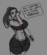 drawing destruction huge_breasts smiling ponytail muscles looking_down dialogue thick_thighs no_background bare_midriff rhiaryoko