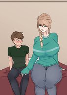 drawing blushing long_hair bed huge_breasts brunette smiling mini_giantess sitting indoors braid thick_thighs gubblenub