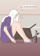 drawing white_hair long_hair clothed smiling sitting looking_down dialogue cramped