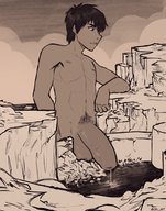 drawing nude monochrome giant male short_hair outdoors precum huge_penis