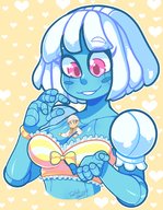 drawing gentle giantess color large_breasts clothed bra blue_hair smiling pink_eyes blue_skin commission looking_at_tiny between_breasts tokogiantsu uggu_bang que_tee vanilla_(tokogiantsu)